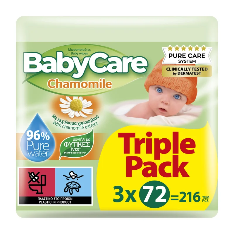 babycare μωρομάντηλα χαμομήλι 3 × 72 τεμ.