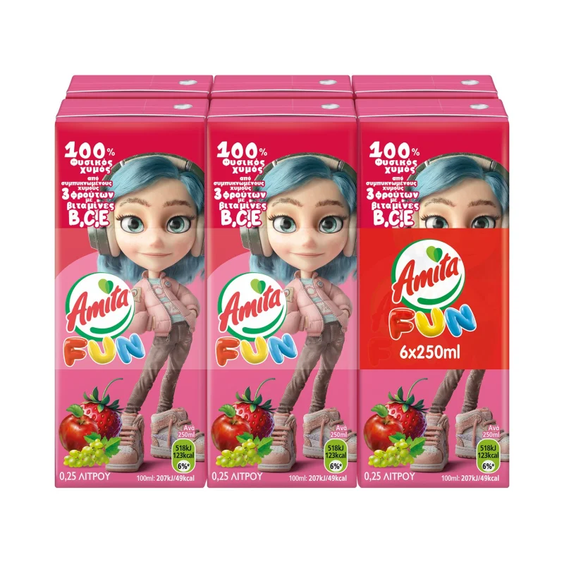 AMITA Fun Φυσικός Χυμός Φράουλα Σταφύλι Μήλο 6x250ml