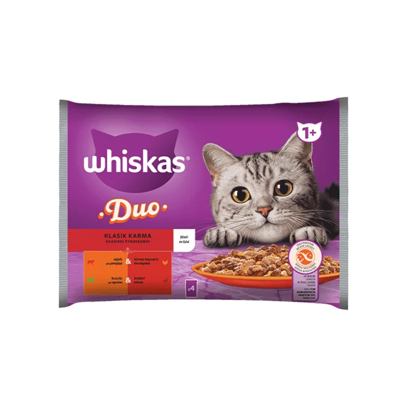 Whiskas Duo τροφή γάτας κλασικοί συνδυασμοί σε ζελέ 4x85g