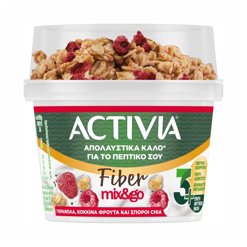 ACTIVIA Fiber Mix&Go Επιδόρπιο Γιαουρτιού & Γκρανόλα με Κόκκινα Φρούτα & Σπόρους Chia 165g