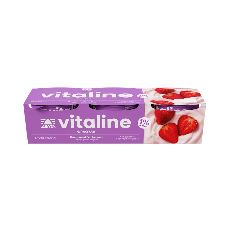 ΔΕΛΤΑ Vitaline Επιδόρπιο Γιαουρτιού Φράουλα Χωρίς προσθήκη ζάχαρης 3x180g