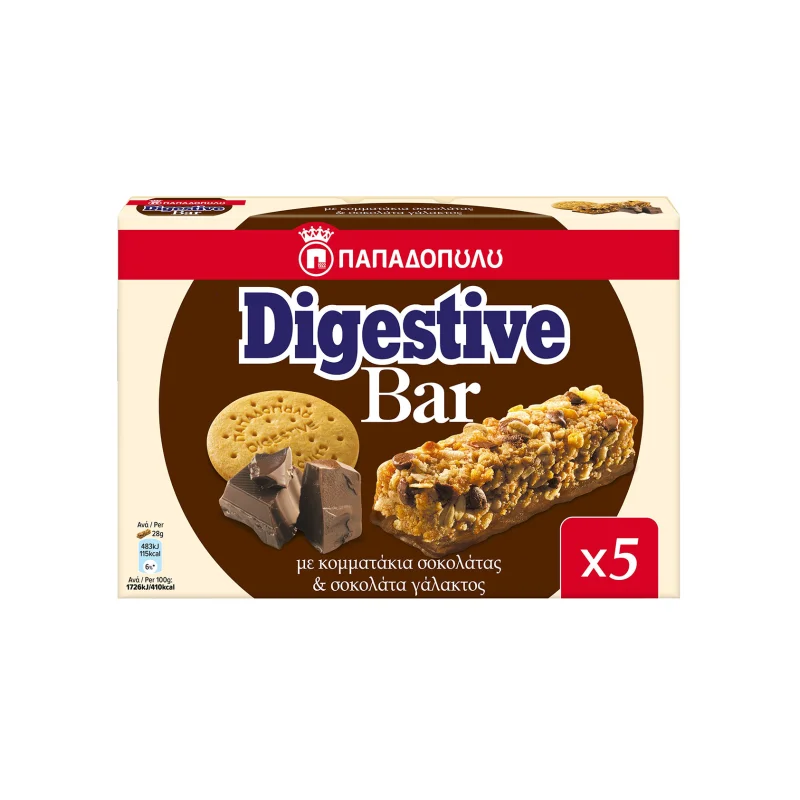 Παπαδοπουλου Digestive bar μπάρα με κομματάκια σοκολάτας & σοκολάτα γάλακτος 5x28g