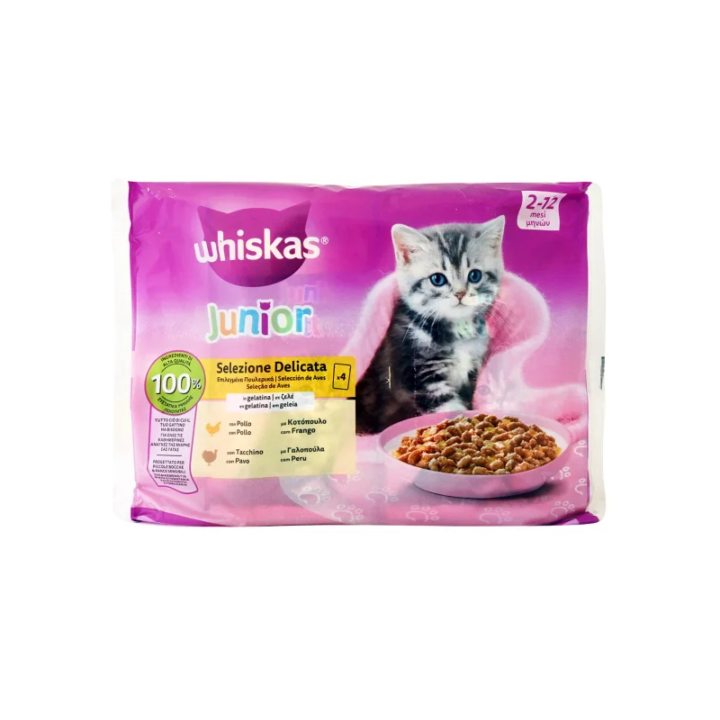 Whiskas Junior τροφή γάτας με κοτόπουλο/ γαλοπούλα σε ζελέ 4x85g