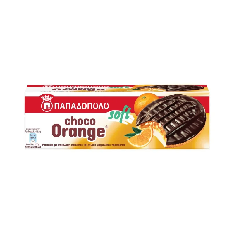 ΠΑΠΑΔΟΠΟΥΛΟΥ Choco Orange Soft Μπισκότα με γέμιση Μαρμελάδας Πορτοκαλιού & Επικάλυψη Σοκολάτας 150g