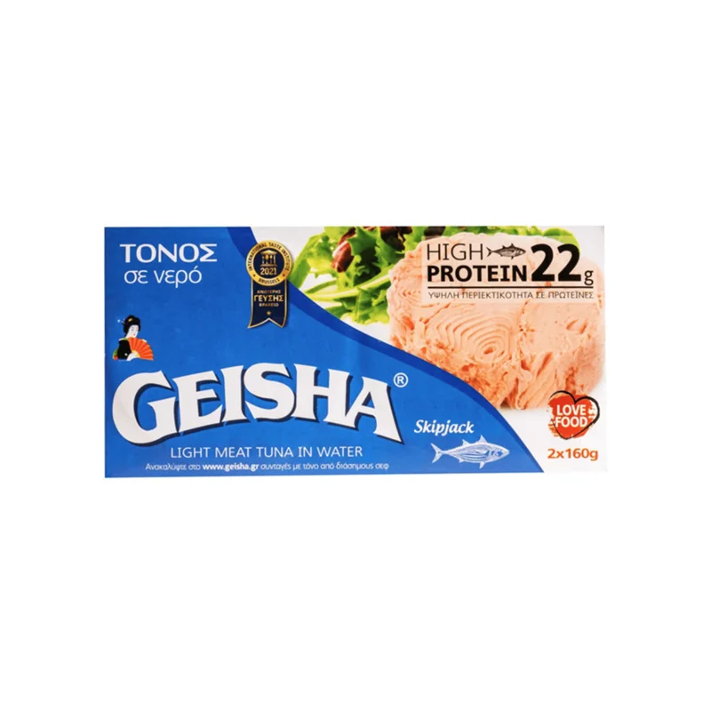 Geisha Katsuwonus pelamis τόνος τεμαχισμένος σε νερό 2x160g (στραγγισμένο βάρος 112g)