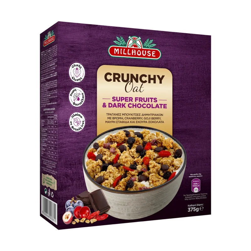 MILLHOUSE Crunchy Oat Granola με Βρώμη Super Fruits & Σκούρα Σοκολάτα 375g