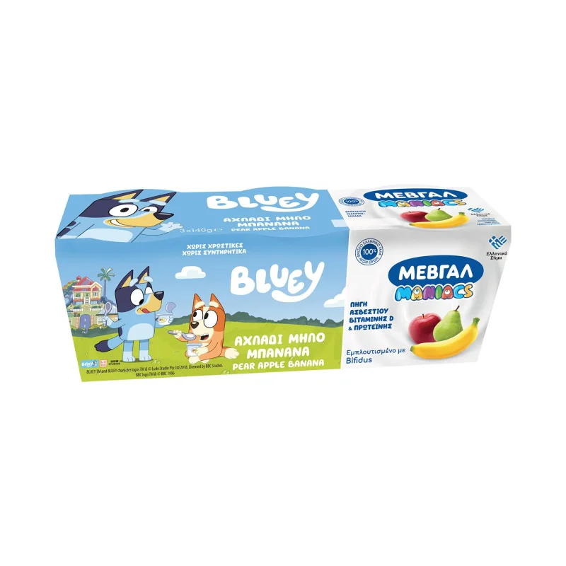 ΜΕΒΓΑΛ Maniacs Bluey Επιδόρπιο Γιαουρτιού Αχλάδι Μήλο Μπανάνα 3x140g