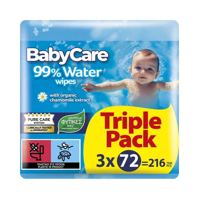 BABYCARE 99% Water Μωρομάντιλα με Εκχύλισμα Οργανικού Χαμομηλιού 3x72 Τεμάχια