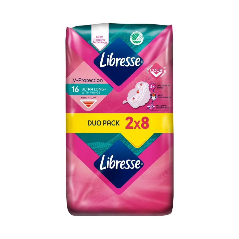 LIBRESSE V-Protection Ultra Long+ με Φτερά Heavy Flow Duo Pack 2x8 Τεμάχια