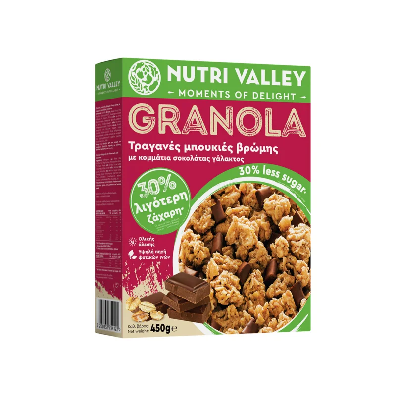 NUTRI VALLEY Granola Μαύρη Σοκολάτα με 30% Λιγότερη Ζάχαρη 450g