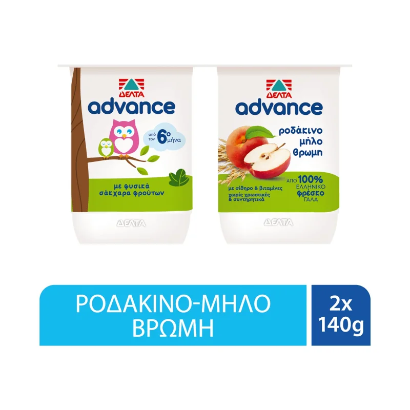 ΔΕΛΤΑ Advance Επιδόρπιο Γιαουρτιού Ροδάκινο Μήλο Βρώμη 2x140g