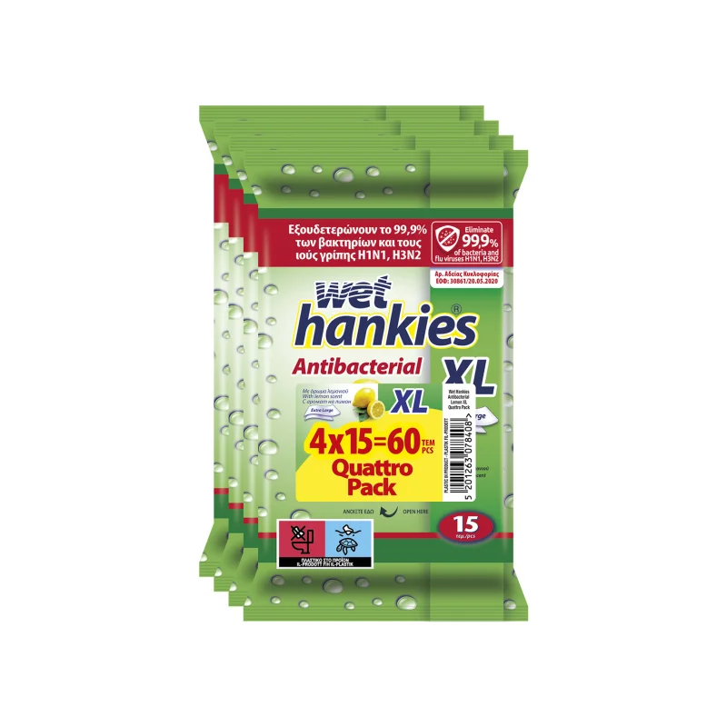 WET HANKIES XL Αντιβακτηριδιακά Μαντηλάκια Λεμόνι 4x15τεμ