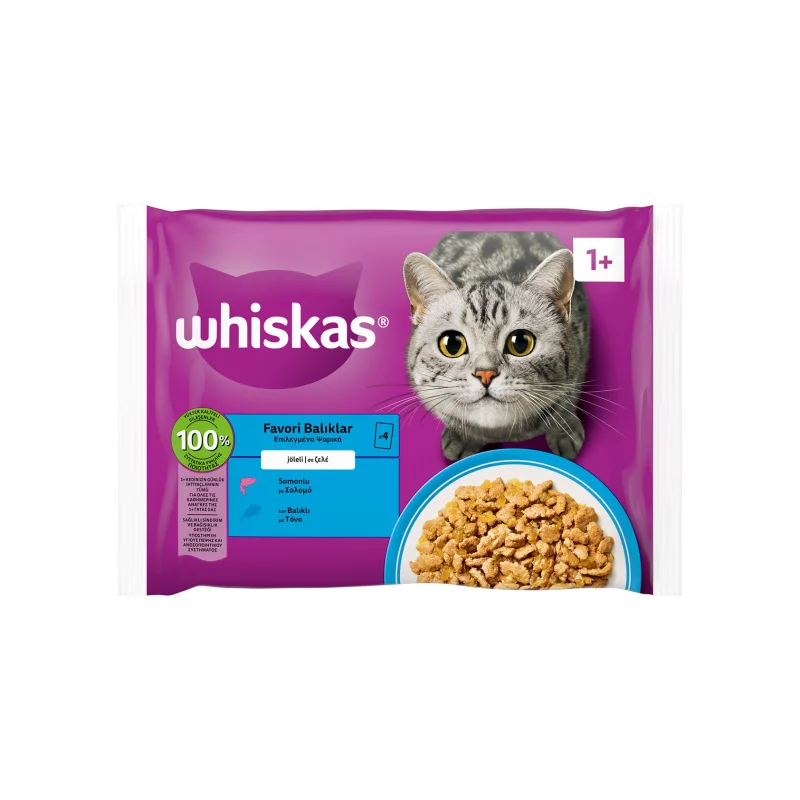 WHISKAS Adult Υγρή Τροφή Γάτας Επιλεγμένα Ψαρικά σε Ζελέ 4x85g
