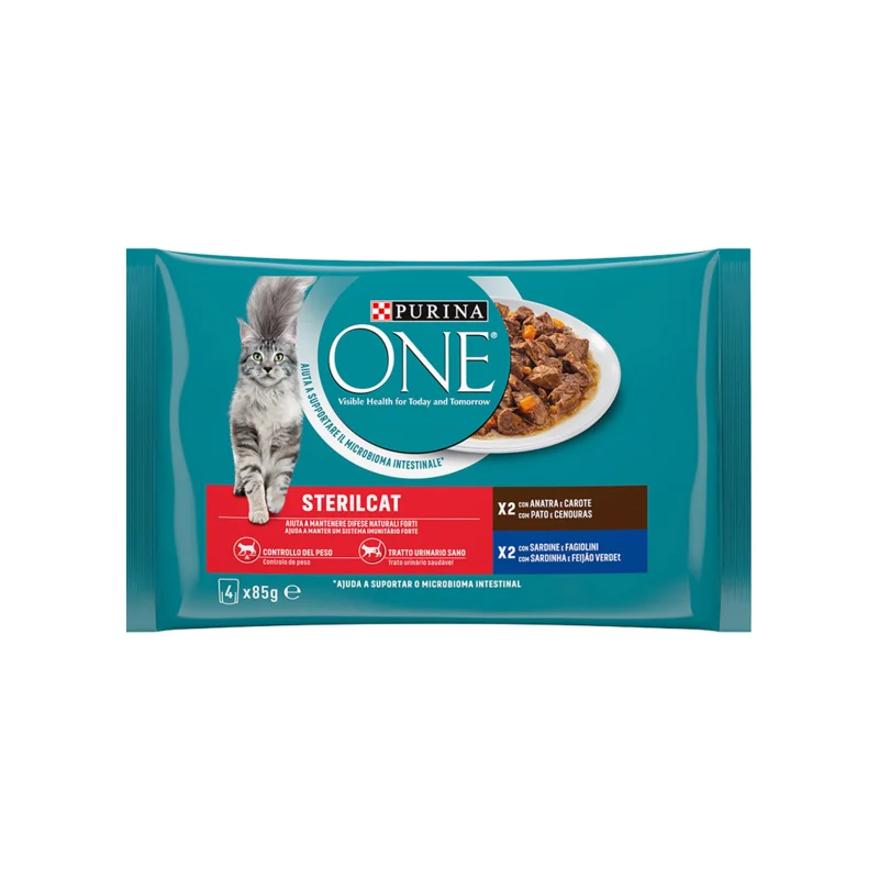 PURINA ONE Sterilcat Φιλετάκια σε Σάλτσα Πάπια Καρότα και Σαρδέλες Φασολάκια 4x85g