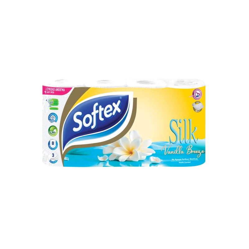 SOFTEX Silk Vanilla Breeze Χαρτί Υγείας 3 Φύλλων 8 Ρολά 760g