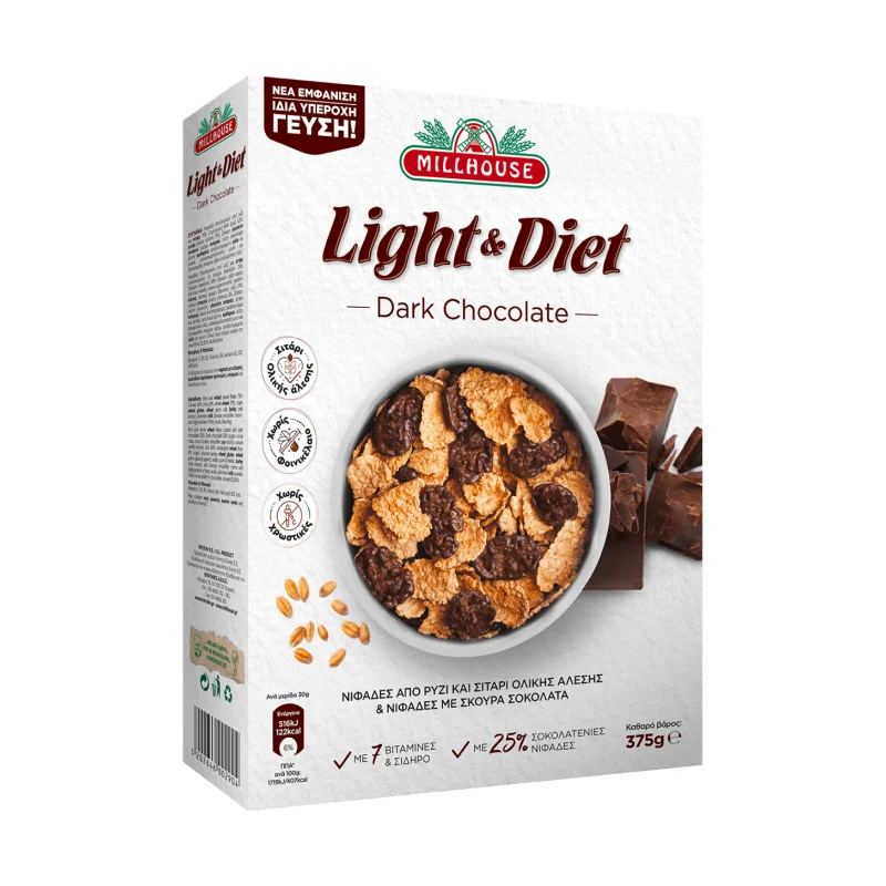 MILLHOUSE Light and Diet Δημητριακά με Μαύρη Σοκολάτα 375g